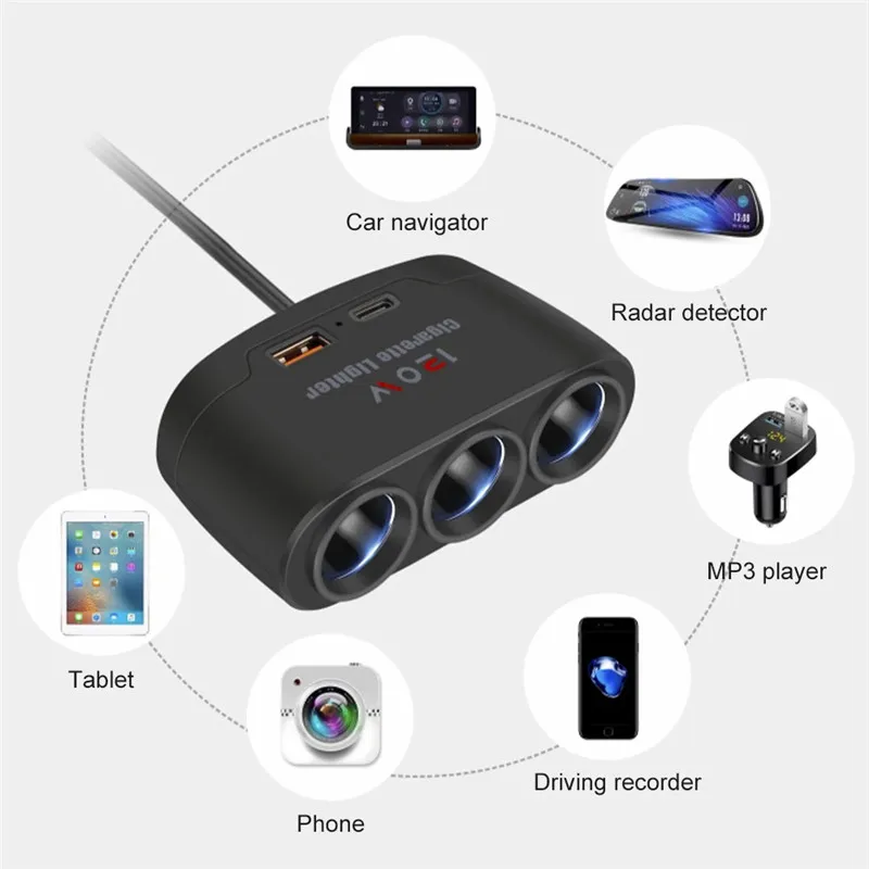3 in 1 USB Type C Socket 120W Car Cigarette Lighter Splitter 12V 24V Fast Charger Phone Power Adapter for Car DVR GPS Dashcam - Imagen 3