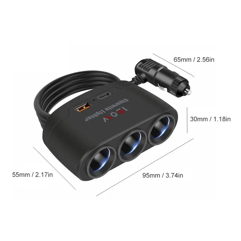 3 in 1 USB Type C Socket 120W Car Cigarette Lighter Splitter 12V 24V Fast Charger Phone Power Adapter for Car DVR GPS Dashcam - Imagen 11