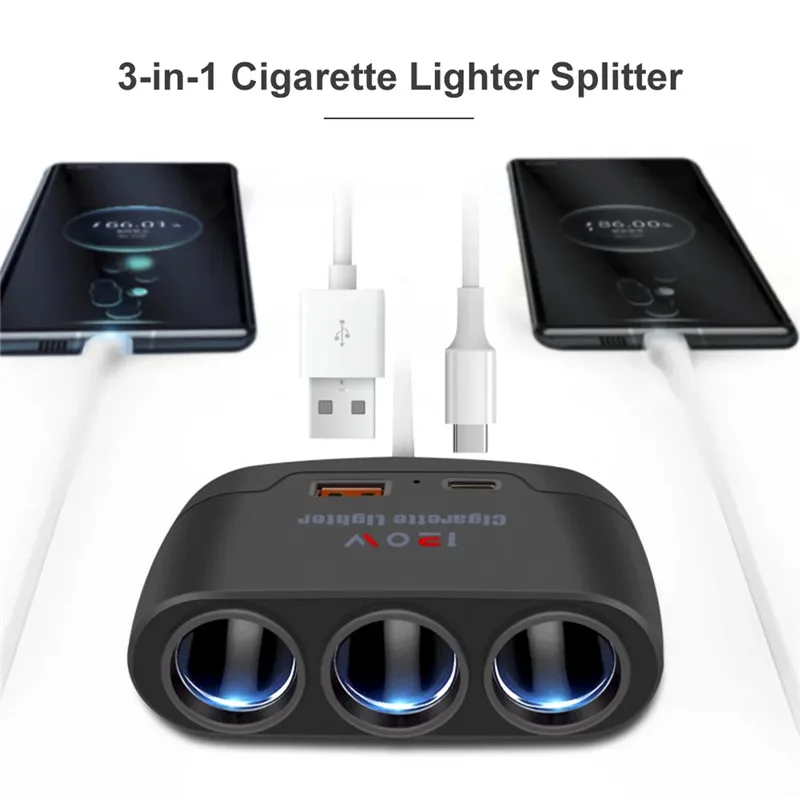 3 in 1 USB Type C Socket 120W Car Cigarette Lighter Splitter 12V 24V Fast Charger Phone Power Adapter for Car DVR GPS Dashcam - Imagen 2
