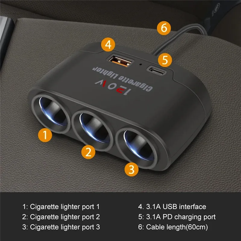 3 in 1 USB Type C Socket 120W Car Cigarette Lighter Splitter 12V 24V Fast Charger Phone Power Adapter for Car DVR GPS Dashcam - Imagen 6