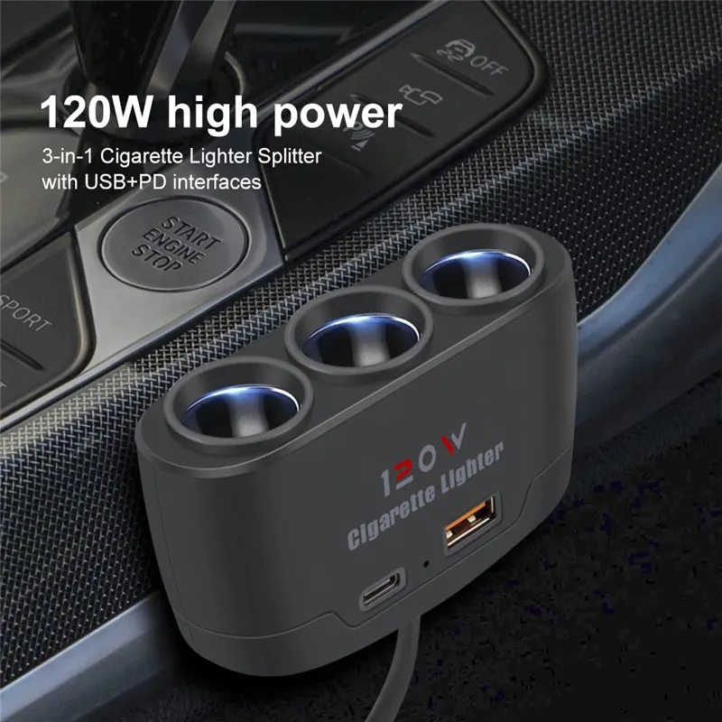 3 in 1 USB Type C Socket 120W Car Cigarette Lighter Splitter 12V 24V Fast Charger Phone Power Adapter for Car DVR GPS Dashcam - Imagen 8