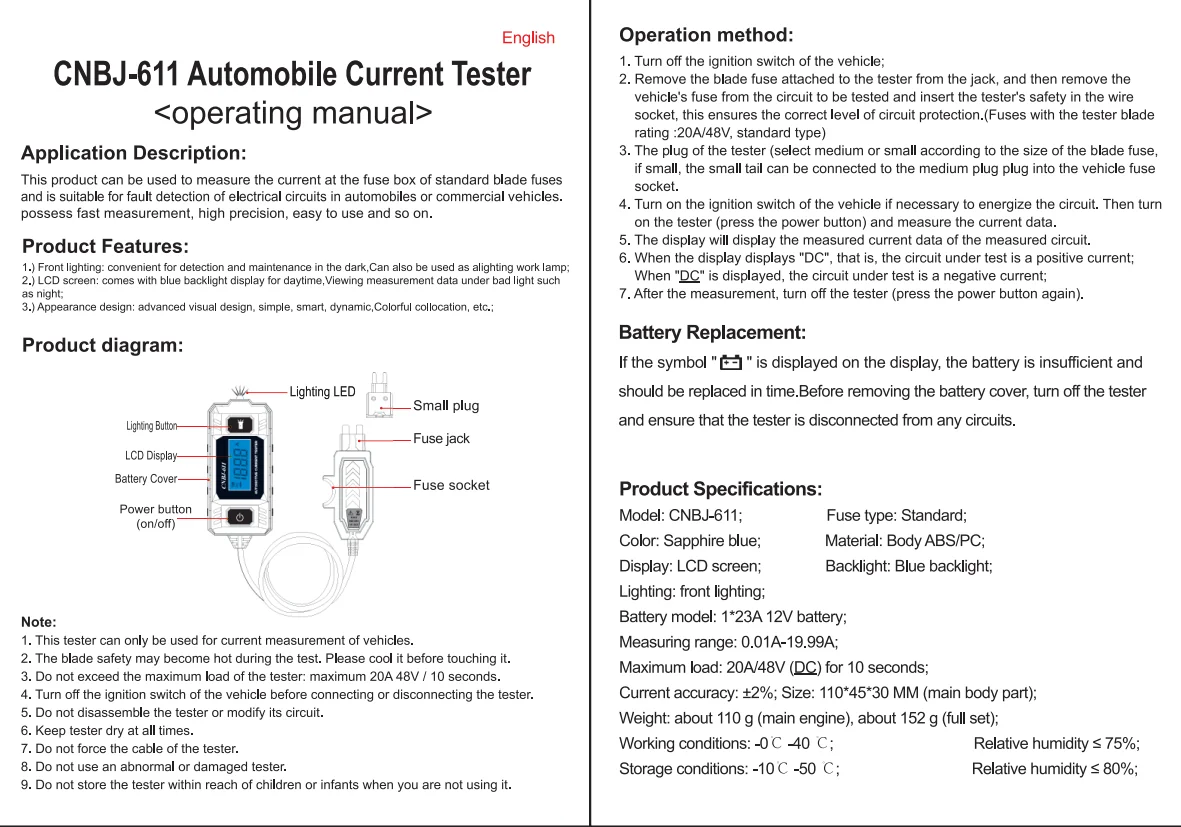 Car Circuit Tester Current Test Fuse Diagnostic Tool 12V Range 0.01~19.99A Repair Detector Galvanometer Automotive Accessories - Imagen 6